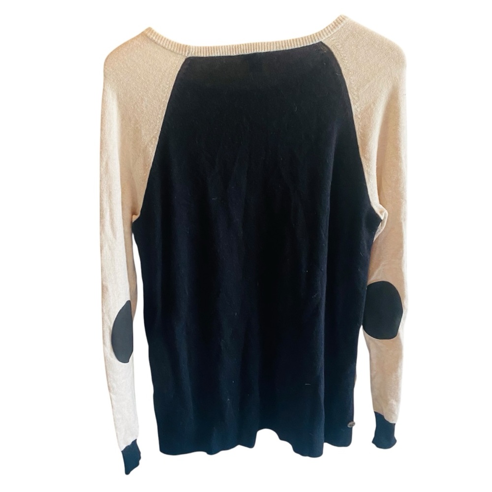 J. Crew Black and Tan Side Button Elbow Patch Color Block Wool Blend Sweater - Picture 3 of 6